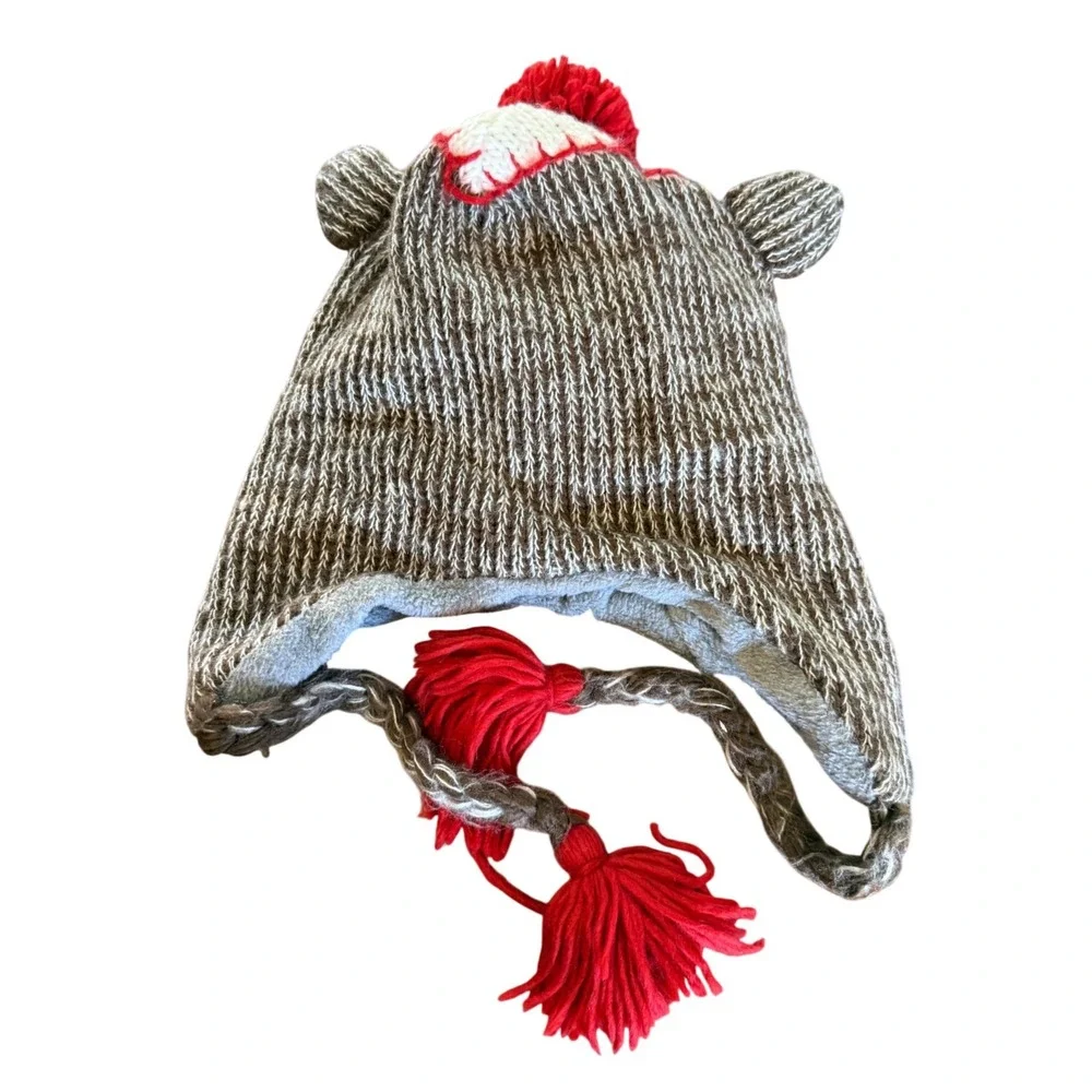 Sock Monkey Knit Trapper Hat‎ Brown White Red Fleece Lined Kids / Juniors
